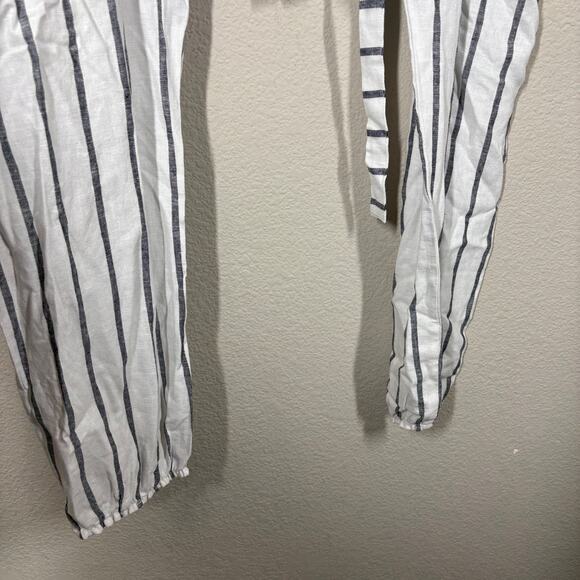Lido World M/L Drawstring Stripe Paperbag Pants White Linen Straight Tie Waist - Picture 5 of 9